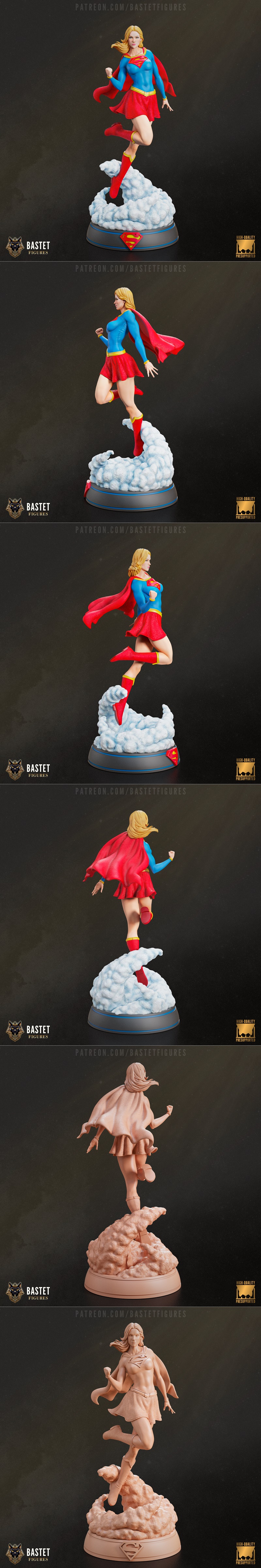 Supergirl 3D model figure by Bastet Figures, wearing blue suit with red cape and skirt, 'S' emblem on chest, heroic p...