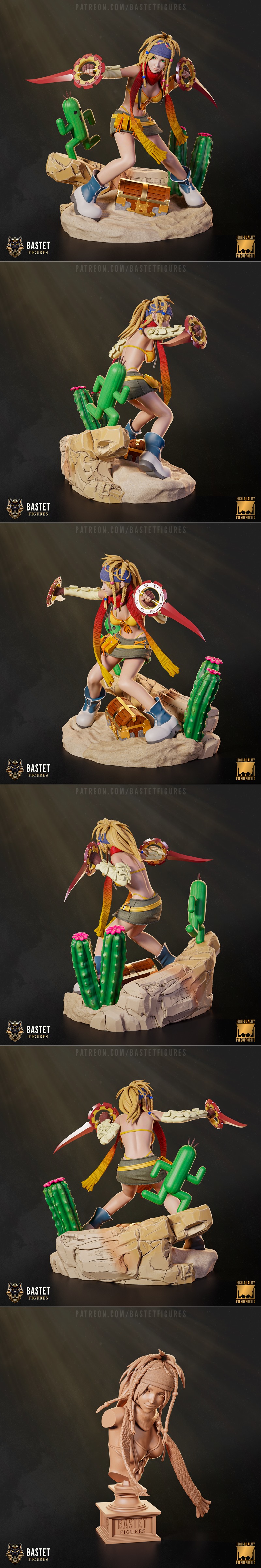 Rikku from Final Fantasy in an action pose, holding two circular weapons. She has blonde braided hair, a red scarf, a...