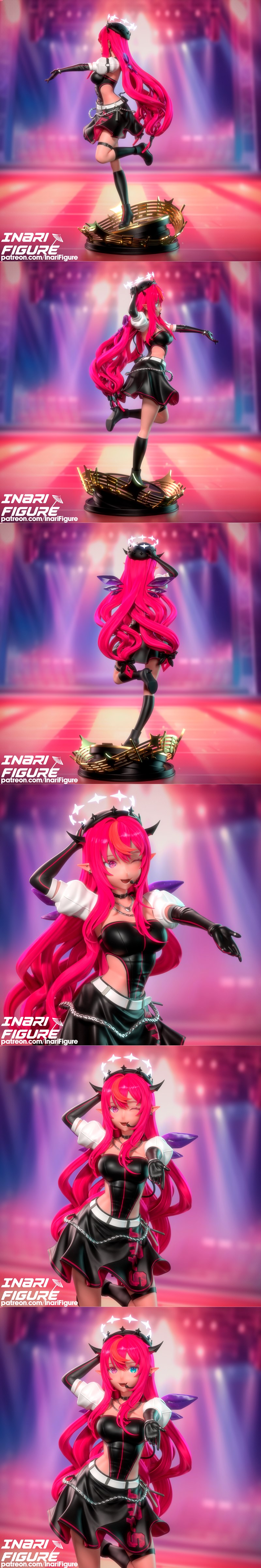 3D model figure of Hololive VTuber Irys by Inari Figure, with pink hair, horns, wings, and a stage outfit, posed dyna...
