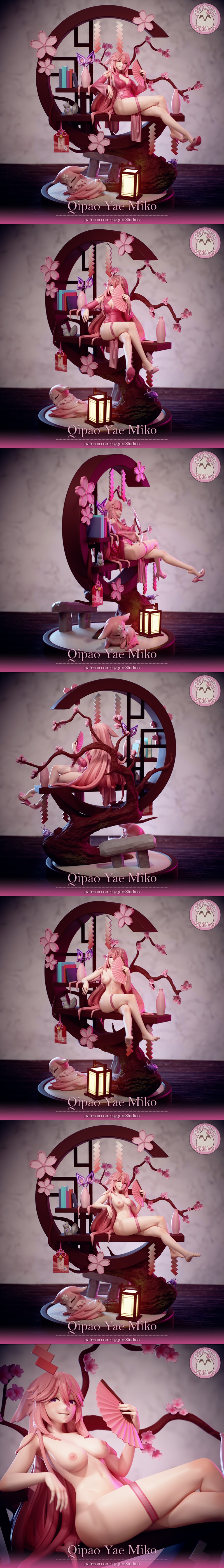 3D model of Yae Miko from Genshin Impact in a pink qipao, holding a fan, with cherry blossom branches in the background.