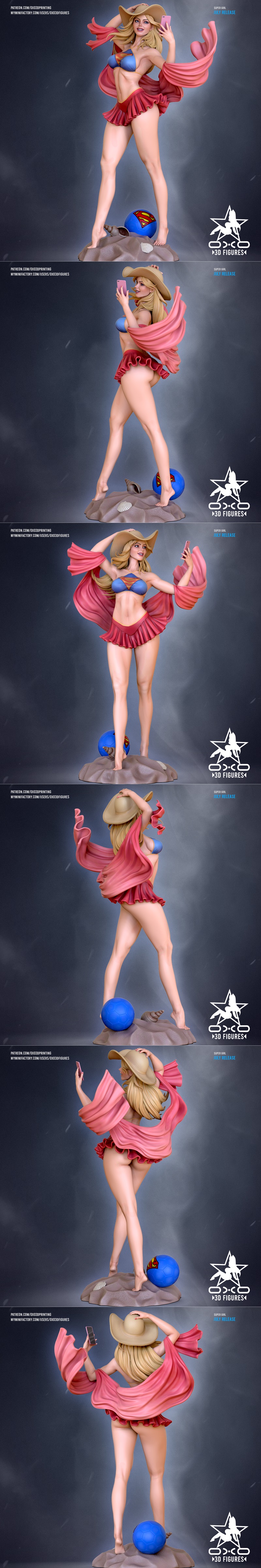 Super Girl 3D model in a bikini and straw hat, taking a selfie with a pink phone, wearing a red skirt and pink cape.