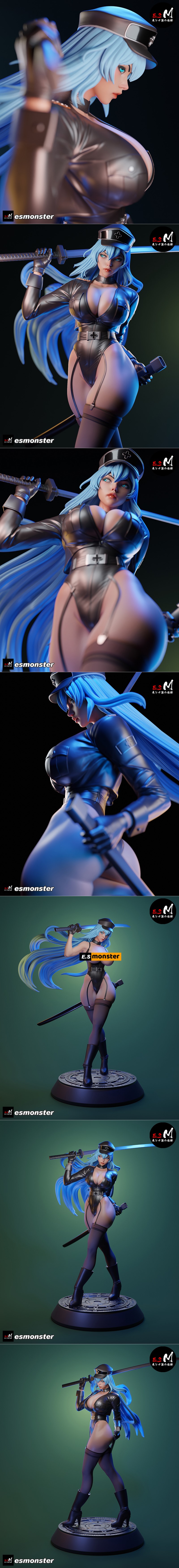 Esdeath from Akame Ga Kill anime, blue hair, military uniform, holding sword, 3D model by E.S Monster.
