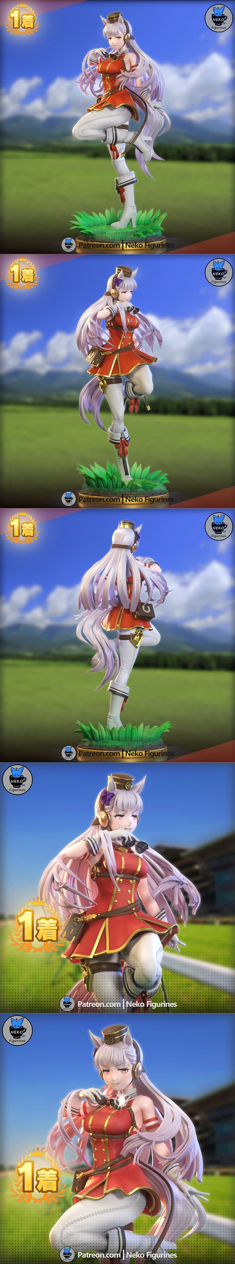Goldship Uma Musume character figure, red and white racing outfit, white hair with purple streaks, horse ears and tai...