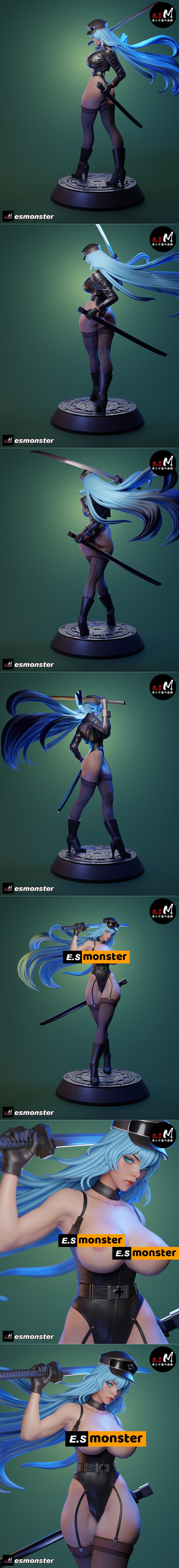 Esdeath from Akame Ga Kill anime, blue hair, military uniform, holding sword, 3D model by E.S Monster.