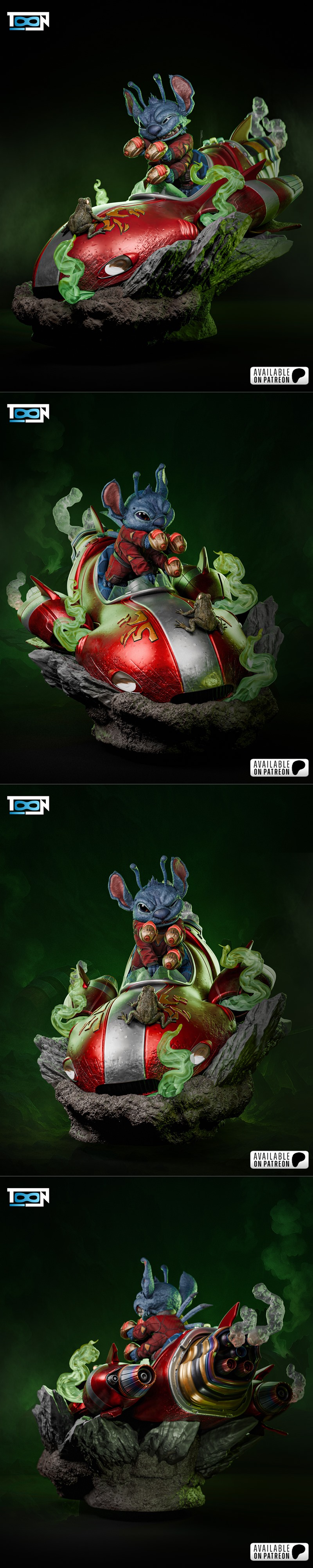 Stitch from Lilo & Stitch in a red jacket and futuristic gauntlets, emerging from a sci-fi spacecraft with glowing gr...