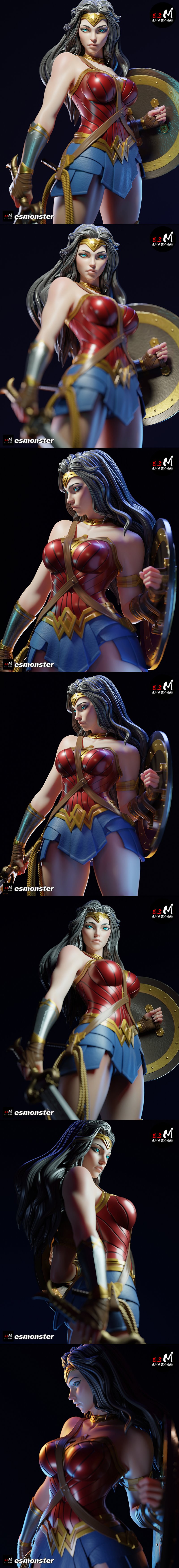 E.S Monster 3D model of Wonder Woman holding a sword and shield, wearing her classic red, gold, and blue costume with...