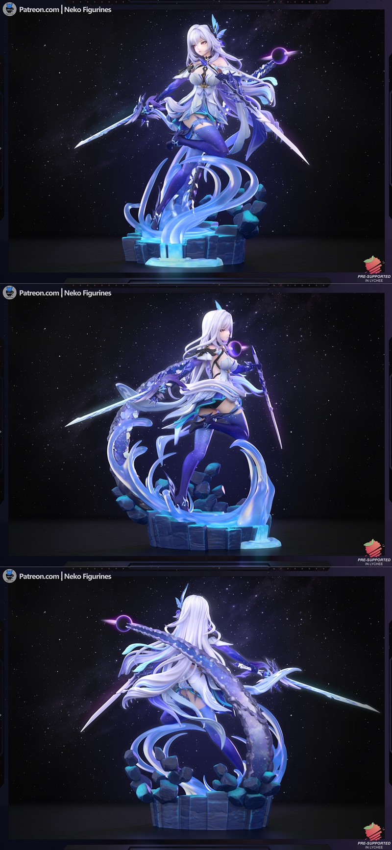 Skirk from Genshin Impact 3D model figure, wielding two glowing swords, standing on a magical base with swirling blue...