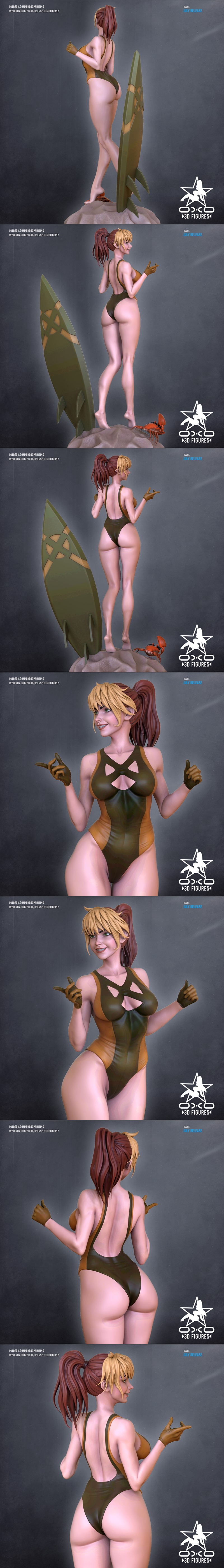 3D model of Rogue from X-Men in a cutout swimsuit, posing with a surfboard and a crab wearing sunglasses.
