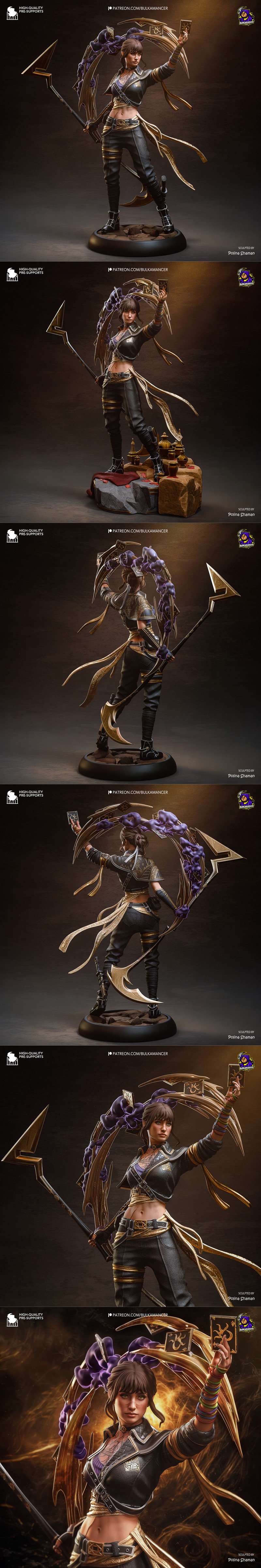 Female figure 'Expedition 33' by Bulkamancer Sculpts, holding a staff and arcane cards, wearing leather jacket and pa...