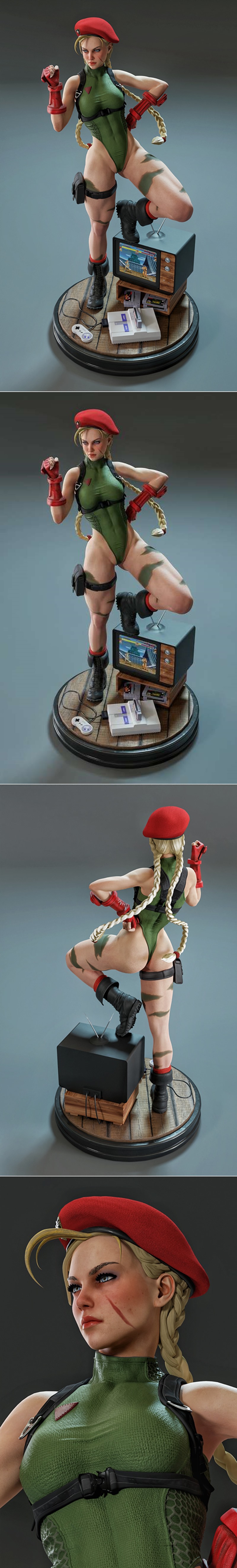 Cammy from Street Fighter posed on a base with a retro TV, SNES console, and controllers. She wears a green leotard a...