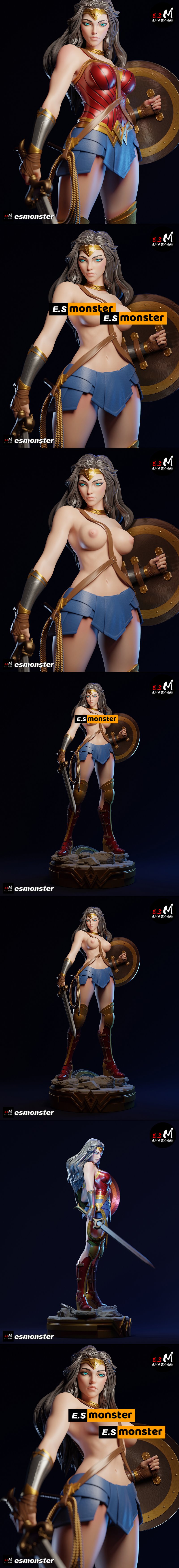 E.S Monster 3D model of Wonder Woman holding a sword and shield, wearing her classic red, gold, and blue costume with...