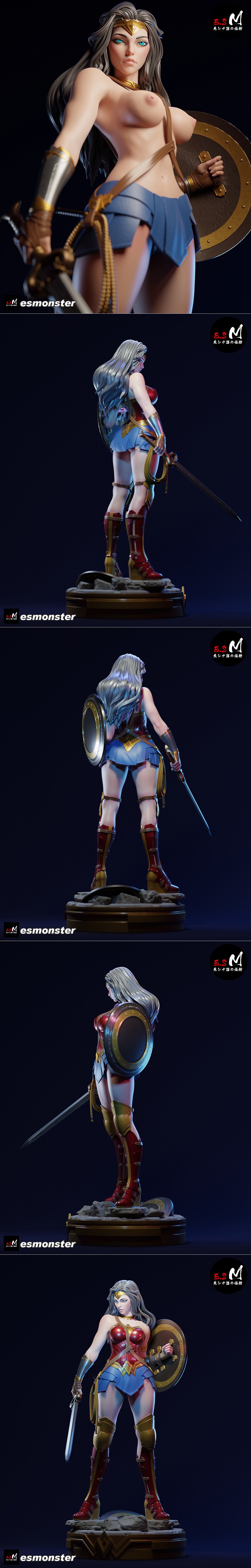 E.S Monster 3D model of Wonder Woman holding a sword and shield, wearing her classic red, gold, and blue costume with...