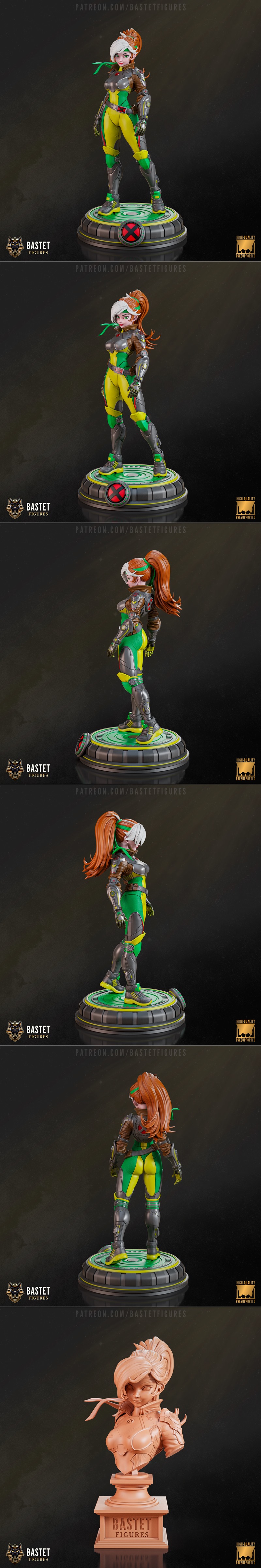 Rogue from X-Men in a detailed 3D printed figure, wearing yellow and green suit with armored chest and arms, against...