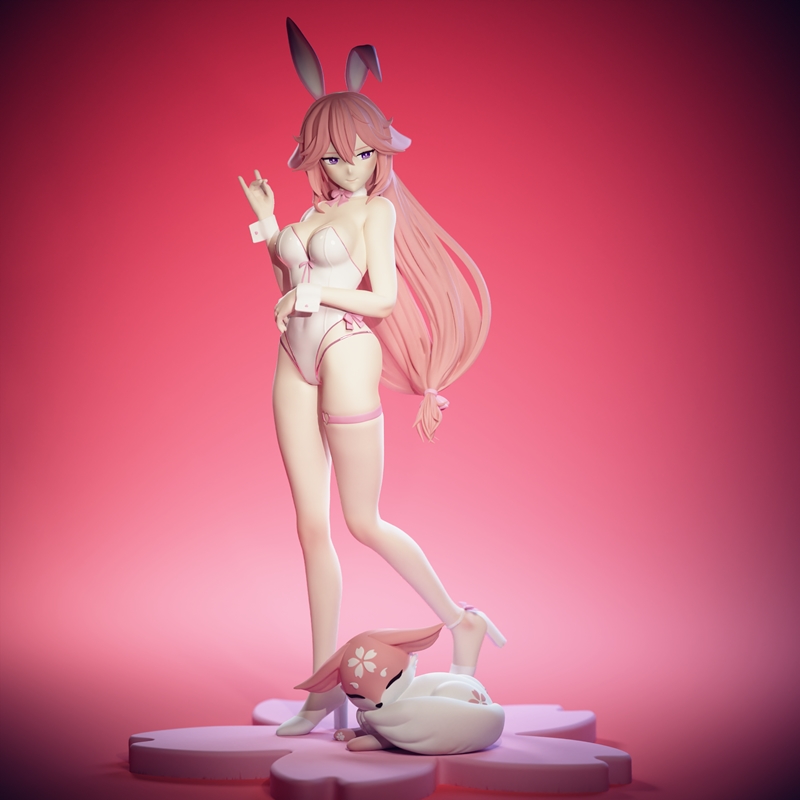 Yae Miko from Genshin Impact as a 3D printable figure, wearing a white bunny-girl outfit with pink trim and bunny ear...