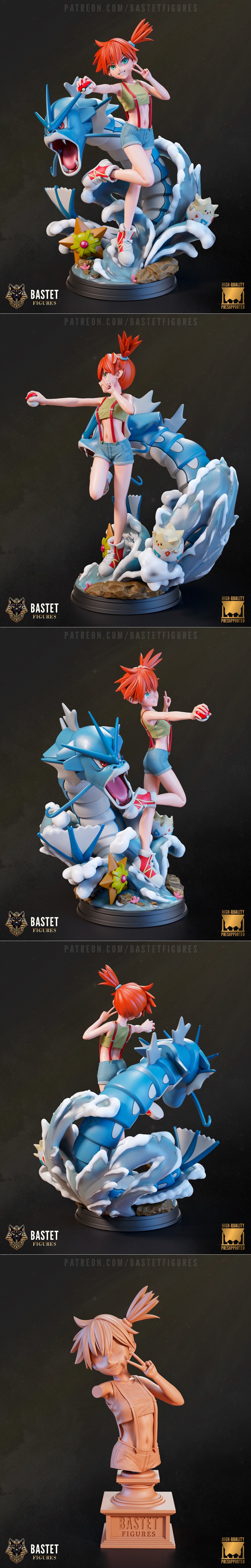 Misty from Pokemon striking a peace sign while holding a Pokeball, with a Gyarados figure behind her. She wears denim...