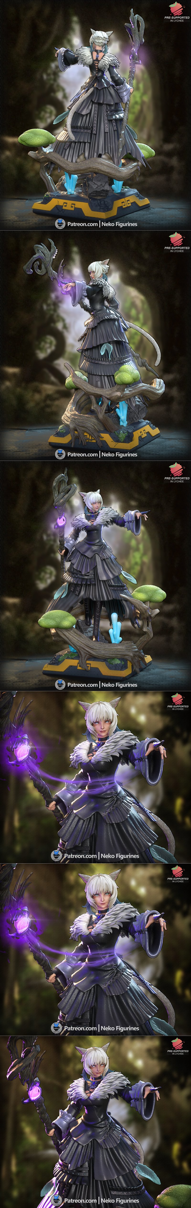 Y'shtola Rhul from Final Fantasy as a 3D printable figure, holding a glowing staff, standing on a forest-themed base...