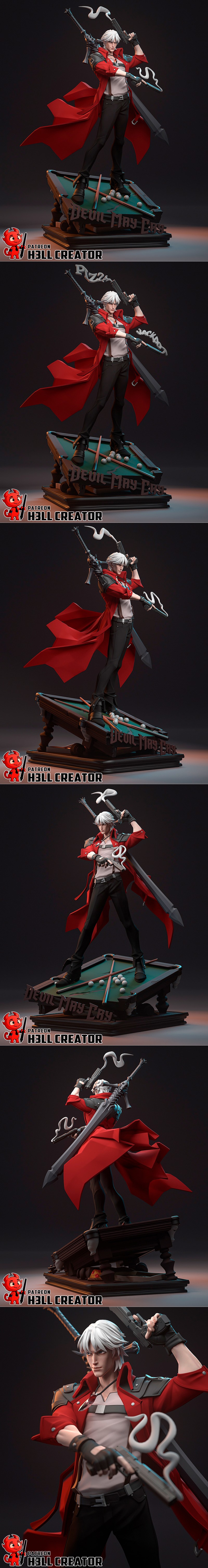 Dante from Devil May Cry, a male figure with white hair, red coat, holding two guns and a large sword, rendered in a...