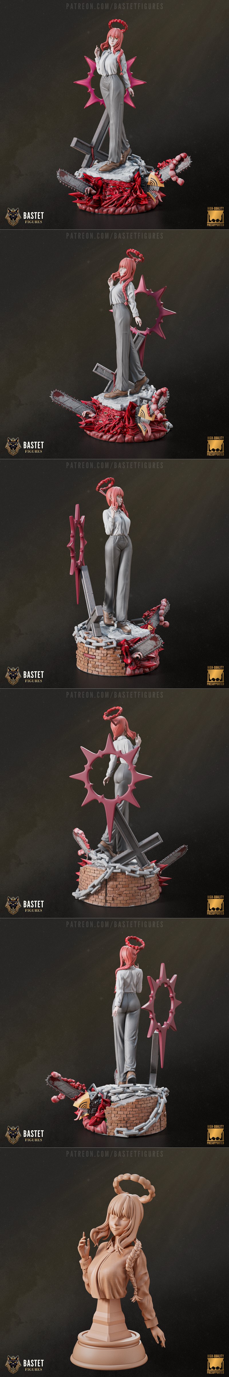 Makima from Chainsaw Man 3D model by Bastet Figures, wearing a white shirt and grey pants, with pink hair, horns, hal...