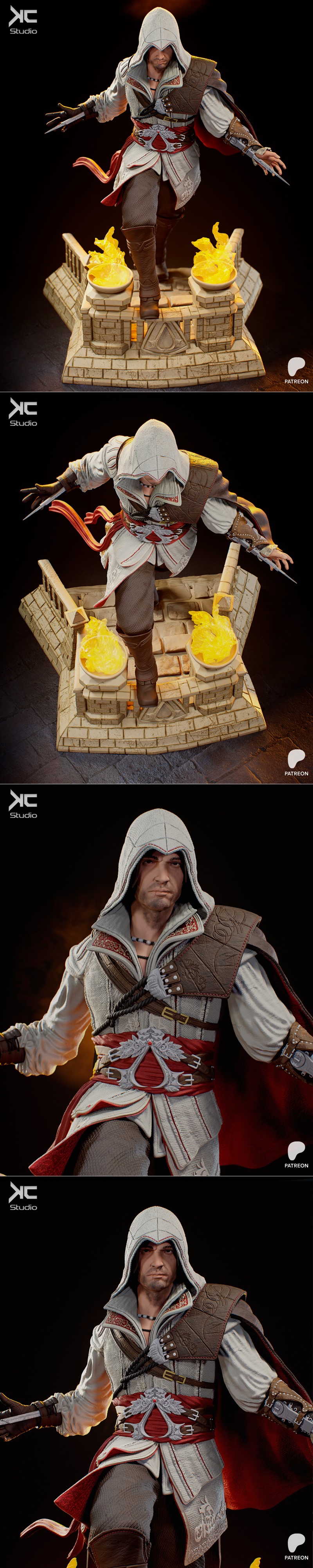 KCStudio 3D model of Ezio from Assassin's Creed, standing heroically on a stone platform with flames, wearing his ico...
