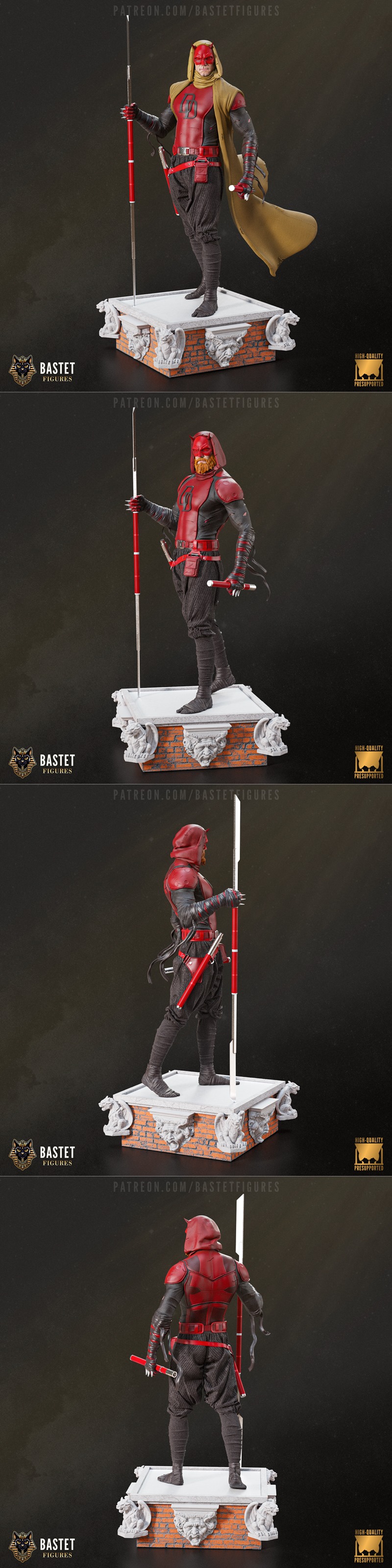 3D printable figure of Daredevil in red and black suit, holding a billy club, with a red beard and hood, against a ci...