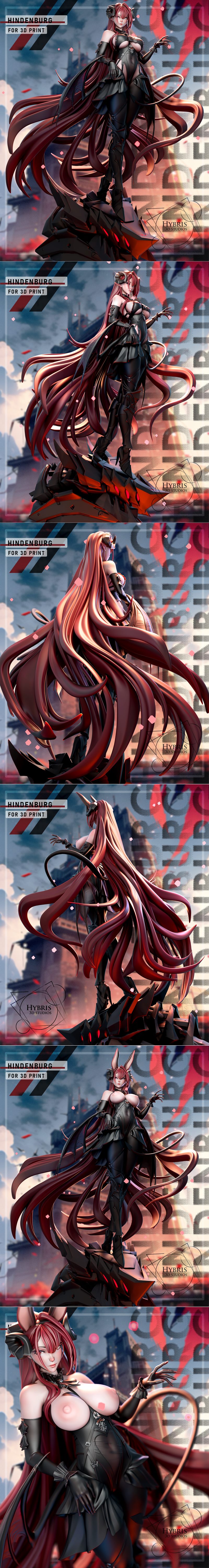 Hindenburg character from Azur Lane, a 3D model by Hybris Studios, wearing a revealing black gothic outfit with horns...