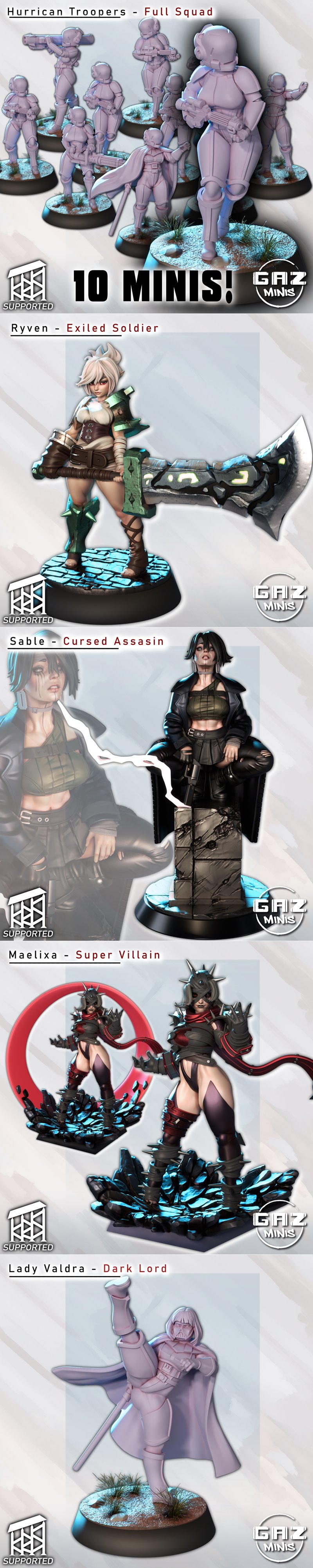 Collection of 3D printable female figures: a seated woman with a gun, a warrior with an axe, a dark-armored character...