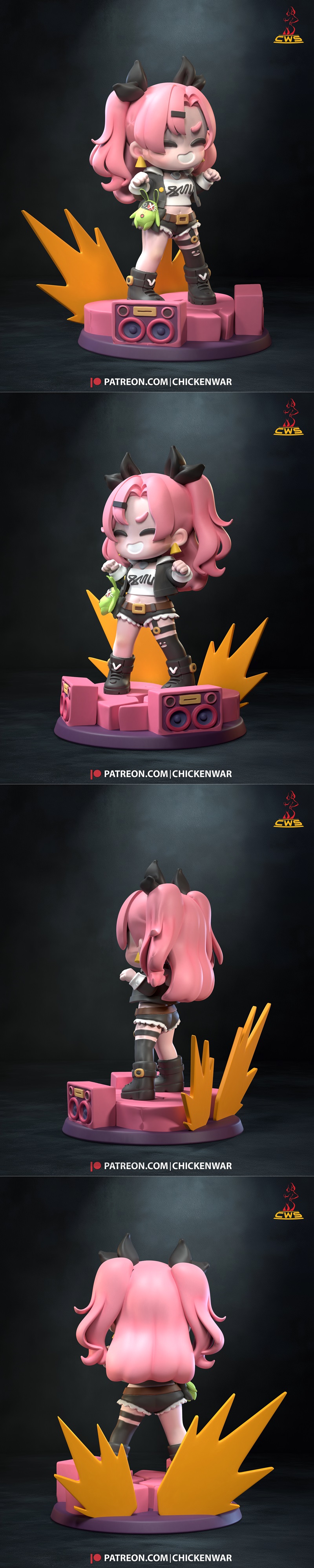 Chibi Nicole Demara 3D model from Zenless Zone Zero by CW Studio, standing on a pink base with speakers and orange en...