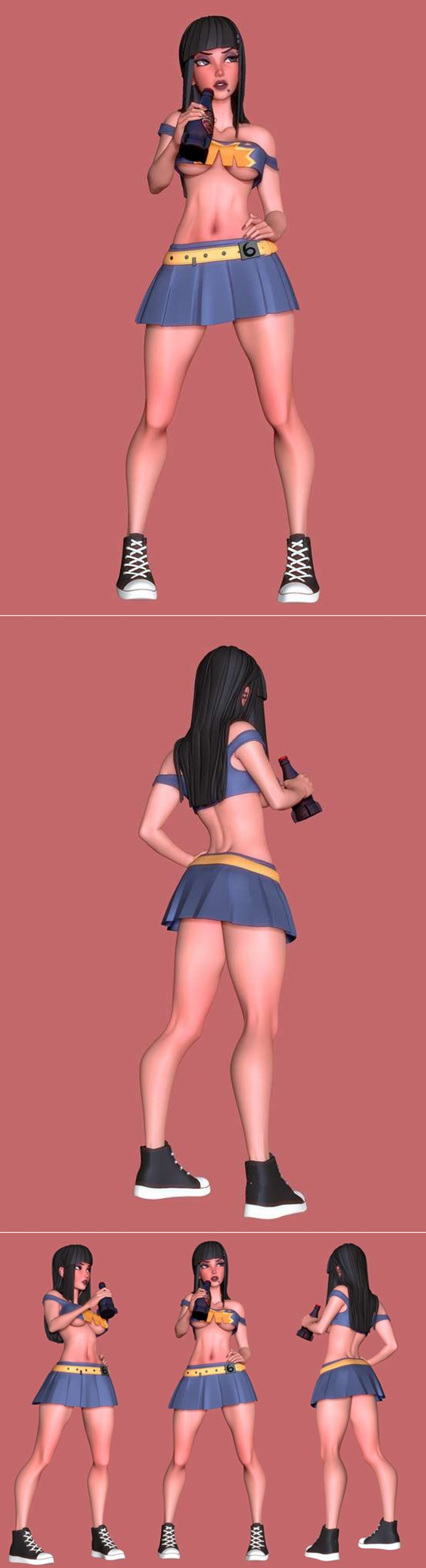 Stylized 3D figure of Bohohon holding a Nuka Cola bottle, wearing a revealing blue and yellow top, short blue skirt,...