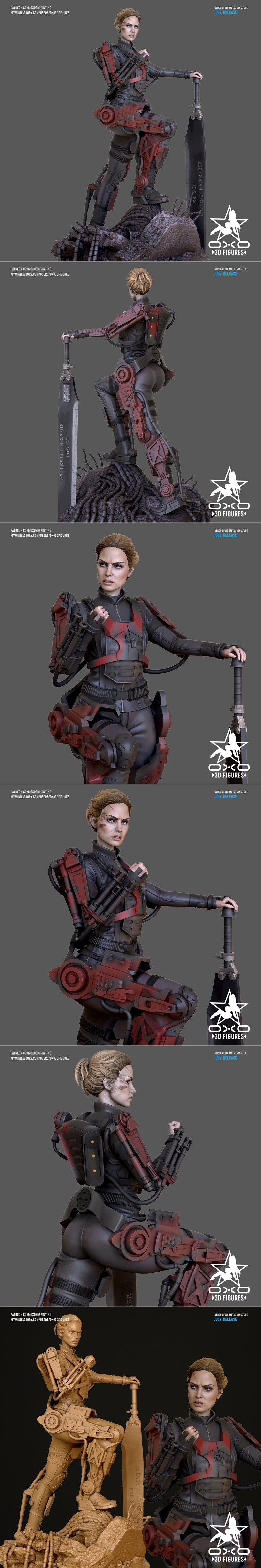 3D printable miniature figure of Verdun from Edge of Tomorrow, wearing sci-fi combat armor with red mechanical leg au...