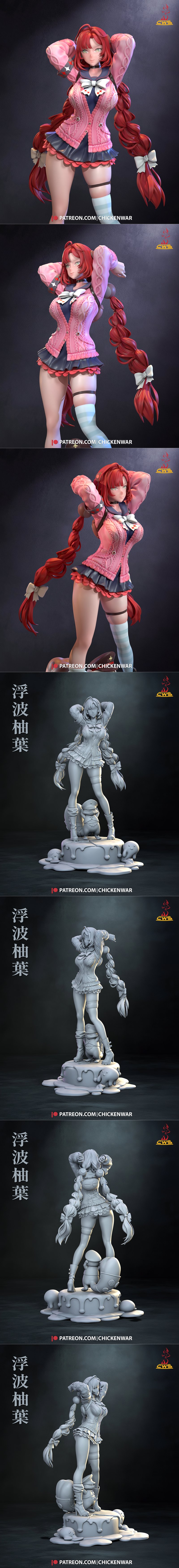 3D model of Yuzuha from Zenless Zone Zero by CW Studio, wearing a pink knit outfit and blue skirt, with red braided h...
