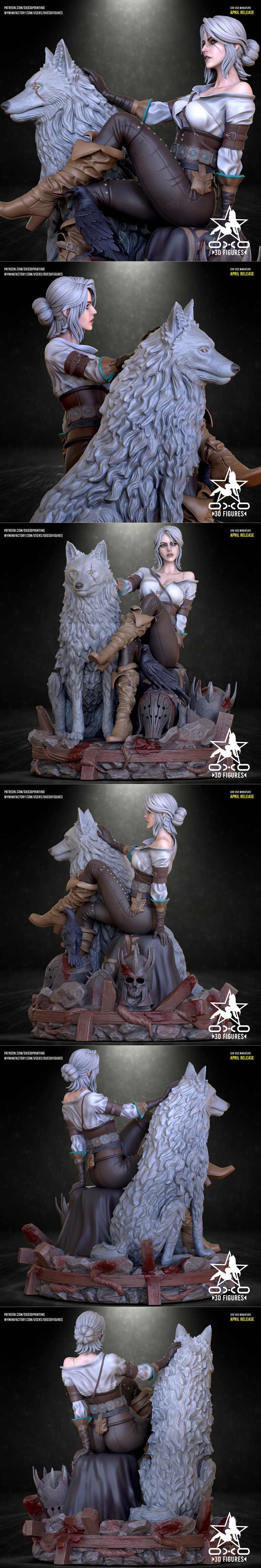 3D model figure of Ciri from The Witcher, seated with a wolf and raven, on a base with helmets and skulls.