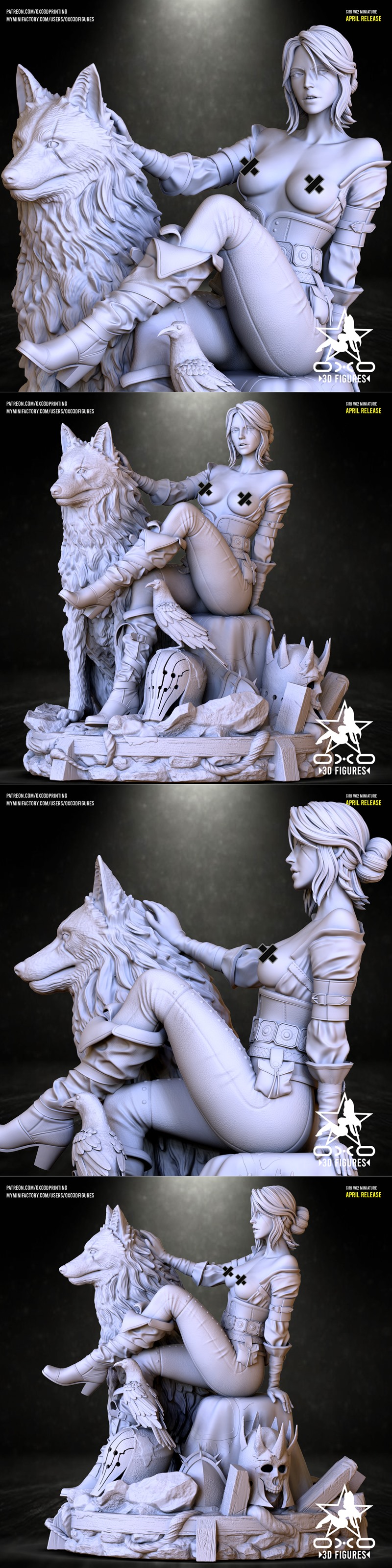 3D model figure of Ciri from The Witcher, seated with a wolf and raven, on a base with helmets and skulls.