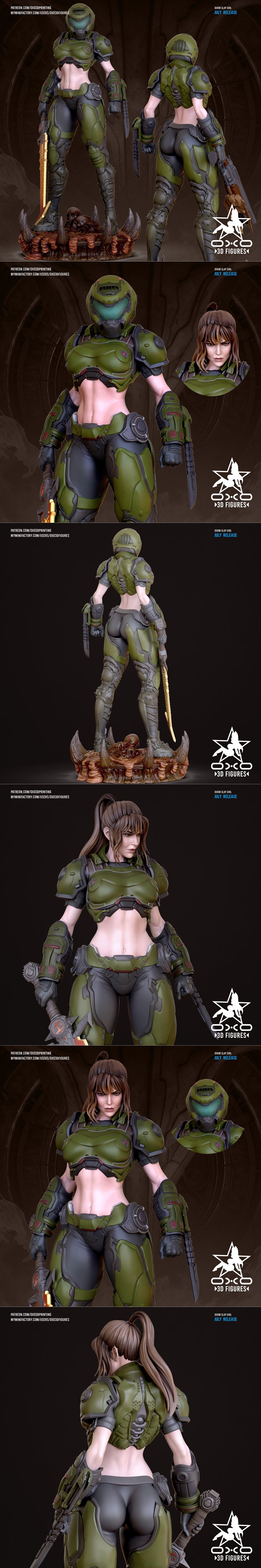 Doom Slayer Girl 3D model, front and back views. Wears green and grey sci-fi armor, holding a plasma rifle and knife....