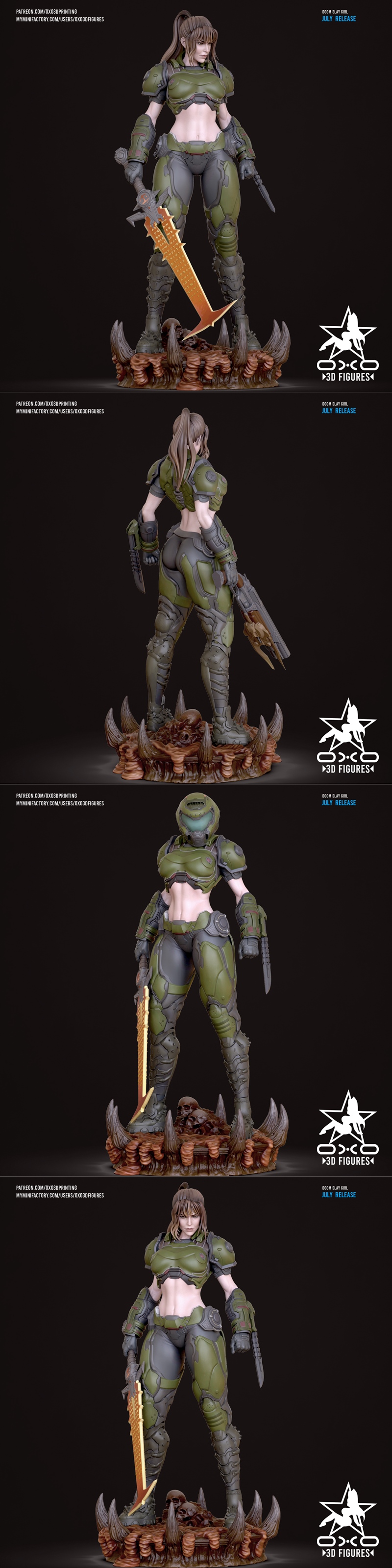 Doom Slayer Girl 3D model, front and back views. Wears green and grey sci-fi armor, holding a plasma rifle and knife....