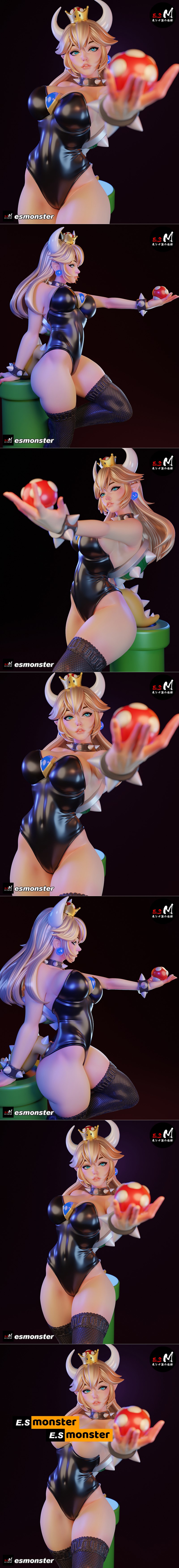 Bowsette figure with black leotard, fishnet stockings, crown, and horns, holding a Super Mushroom. Stands on a base w...
