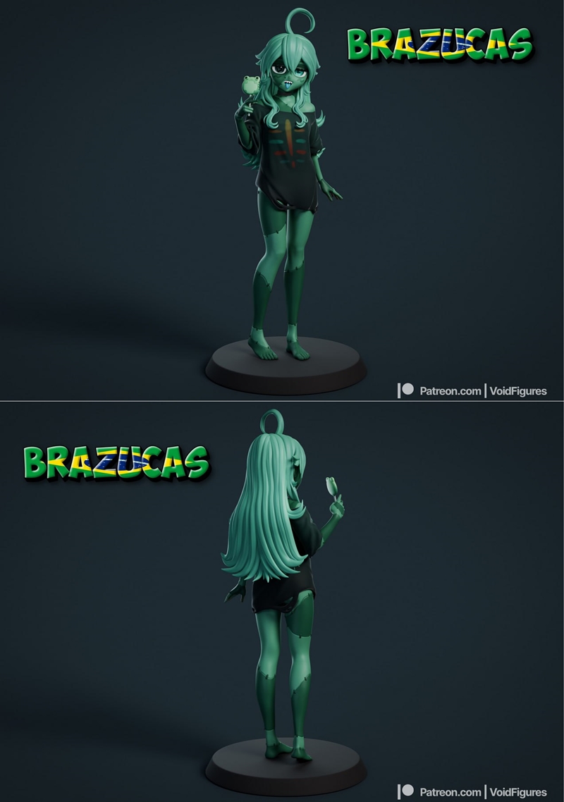 Anime-style zombie girl with teal-green skin, fangs, and blue tongue, wearing a dark t-shirt with a graphic, holding...