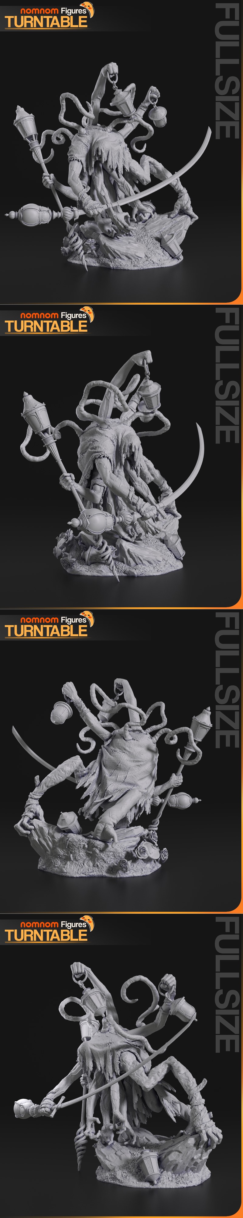 Nomnom Figures 3D model of Clair Obscur, a multi-limbed dark fantasy character holding a sword and lanterns.