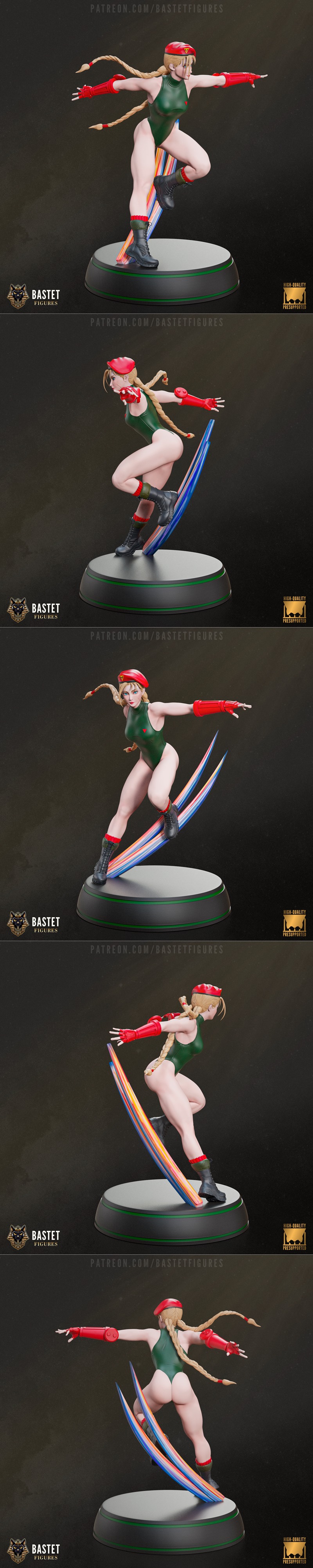 3D model of Cammy White from Street Fighter in a green leotard and red beret, with blonde braids and red gauntlets, s...