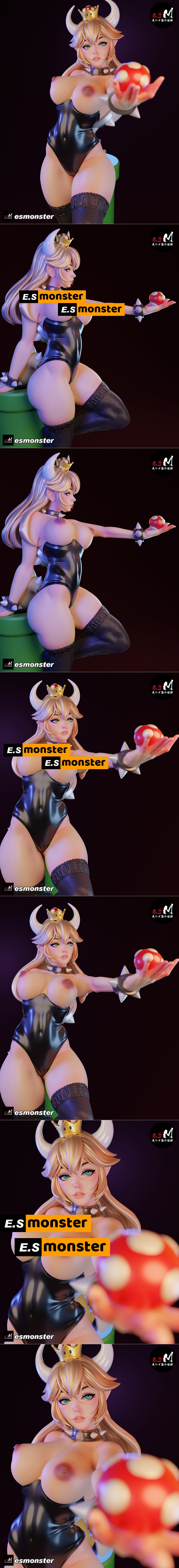 Bowsette figure with black leotard, fishnet stockings, crown, and horns, holding a Super Mushroom. Stands on a base w...
