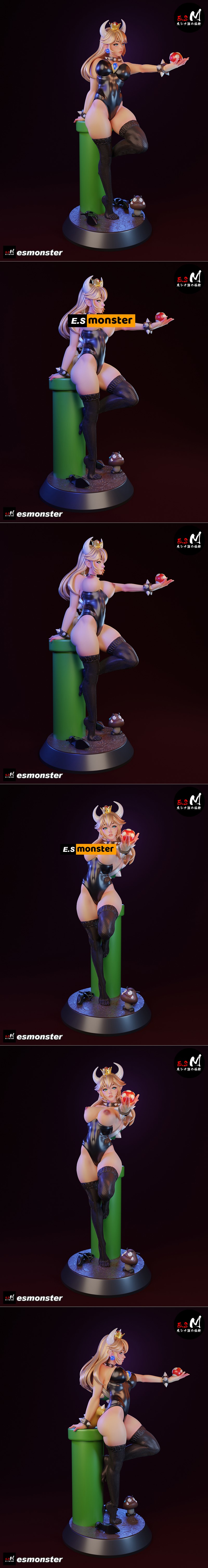 Bowsette figure with black leotard, fishnet stockings, crown, and horns, holding a Super Mushroom. Stands on a base w...