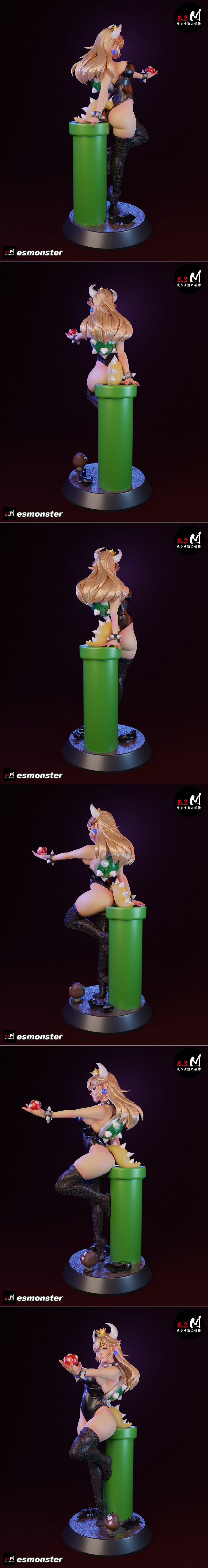 Bowsette figure with black leotard, fishnet stockings, crown, and horns, holding a Super Mushroom. Stands on a base w...