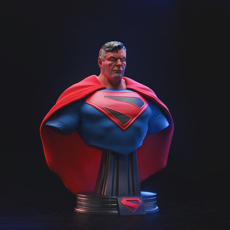 Kingdom Come Superman 3D model figure, standing heroically with hands on hips, wearing a blue suit, red cape, and red...
