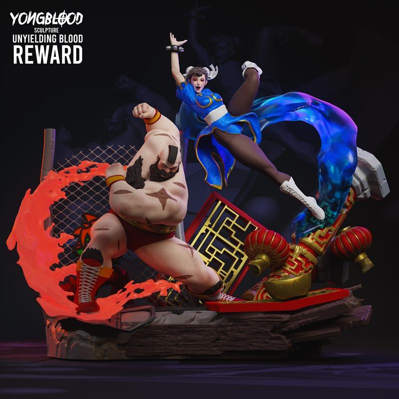 3D model diorama of Chun-Li performing a flying kick against Zangief, with fiery effects and Chinese-themed base.