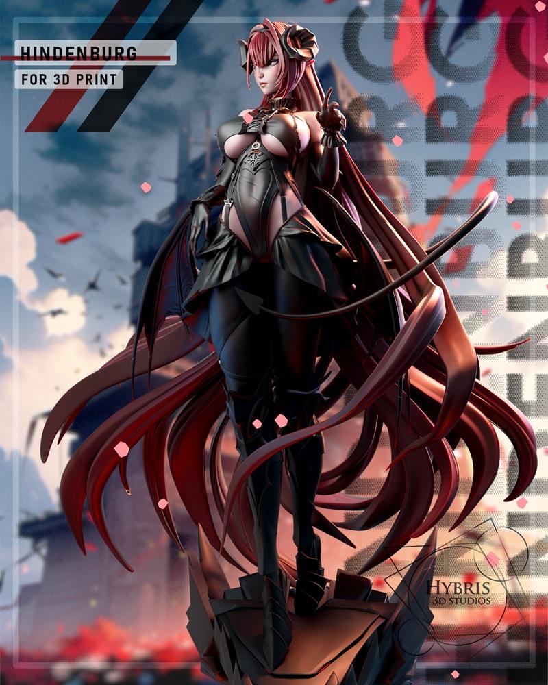 Hindenburg character from Azur Lane, a 3D model by Hybris Studios, wearing a revealing black gothic outfit with horns...