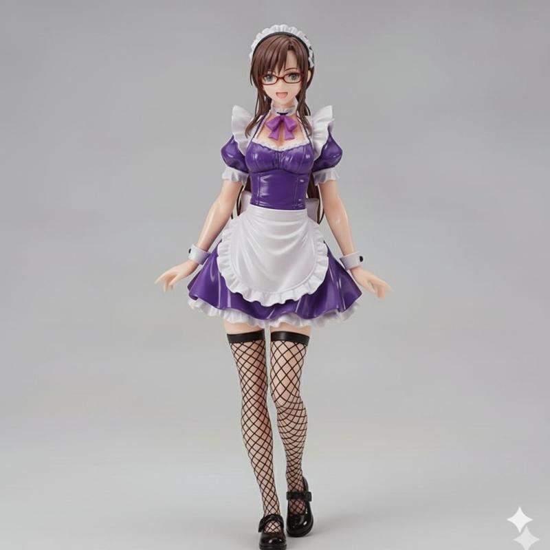 Mari Makinami in a purple and white maid outfit, wearing glasses and fishnet stockings, posed for 3D printing.