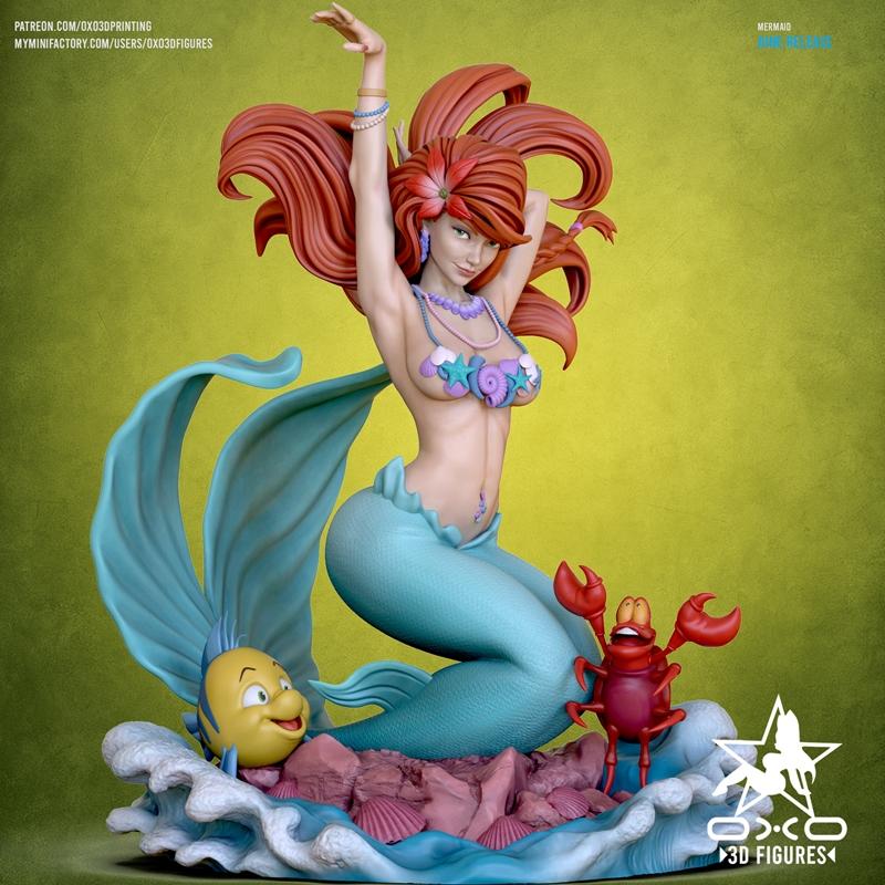 Ariel the mermaid with flowing red hair and a seashell bikini, posing dynamically with Flounder and Sebastian on a co...