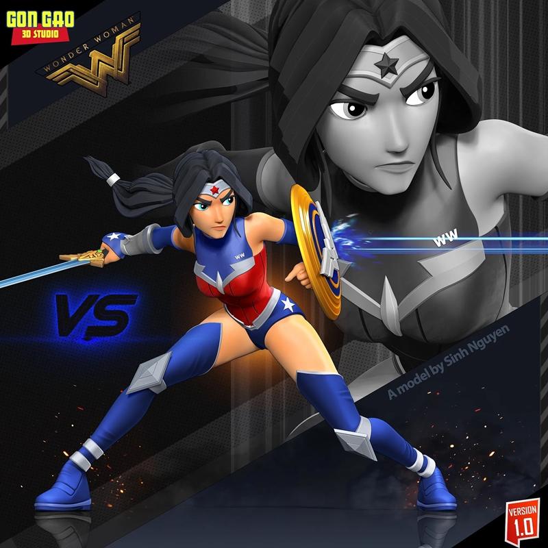 Wonder Woman 3D model in a dynamic combat pose, holding a sword and shield. Stylized comic book art style.