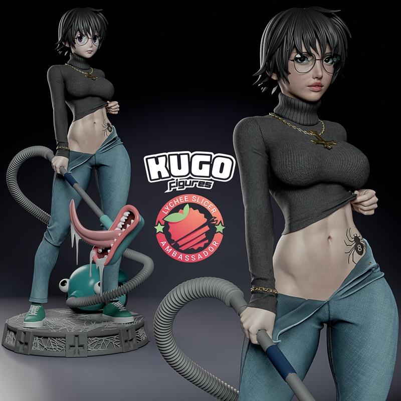 Shizuku from Hunter x Hunter figure by KuGo figures, wearing a grey turtleneck and blue jeans, holding a vacuum with...