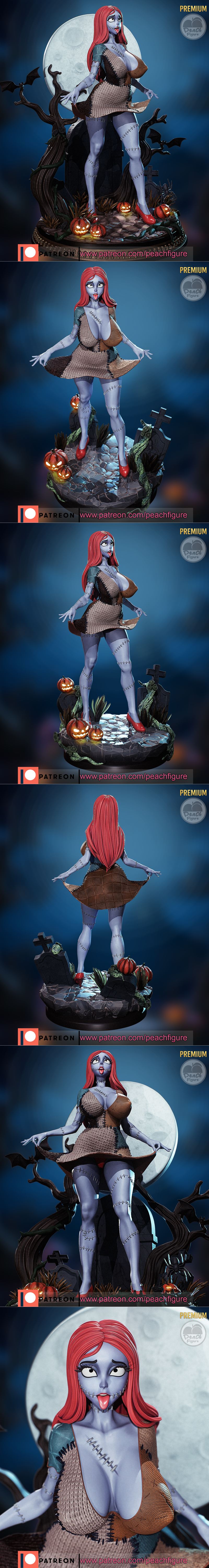 Sally from The Nightmare Before Christmas figure posed on a Halloween-themed diorama base with pumpkins and a full mo...