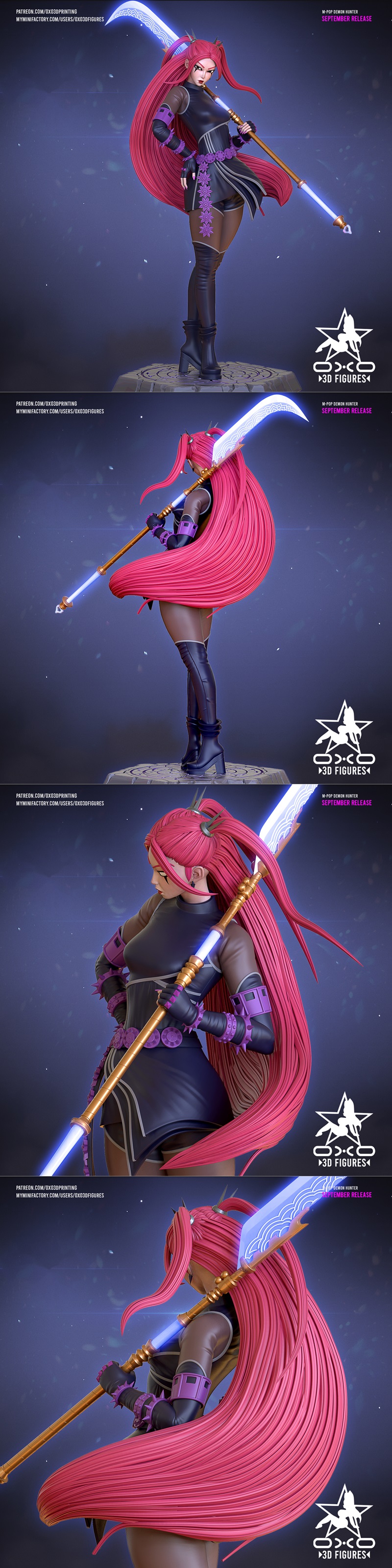3D model of Mira, a K-pop demon hunter with long red hair, wearing a black outfit with purple accents and holding a g...